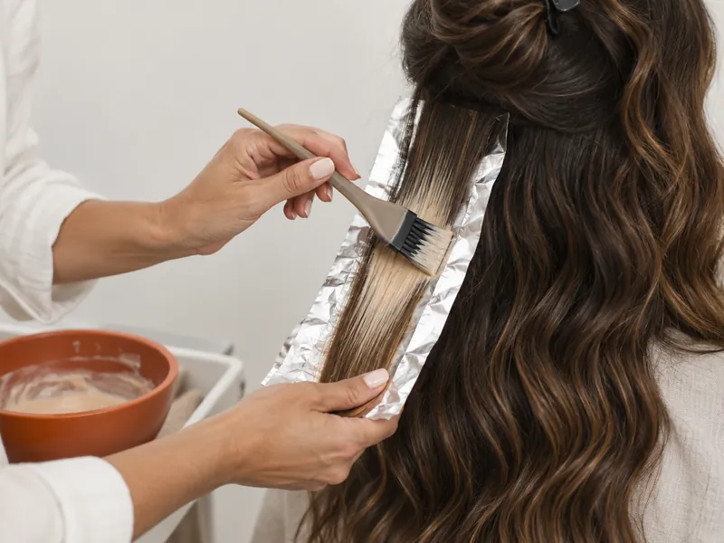 Balayage peint au pinceau sur une mèche posée sur papier aluminium