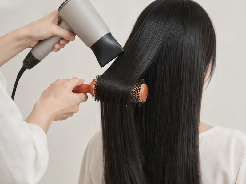Brushing de cheveux longs à la brosse ronde et au sèche-cheveux