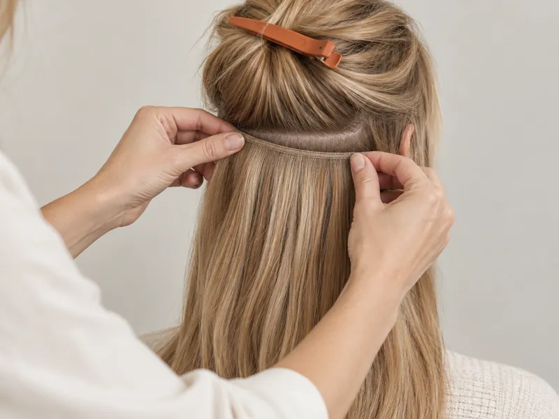 Pose d'une bande d'extensions sous une mèche relevée