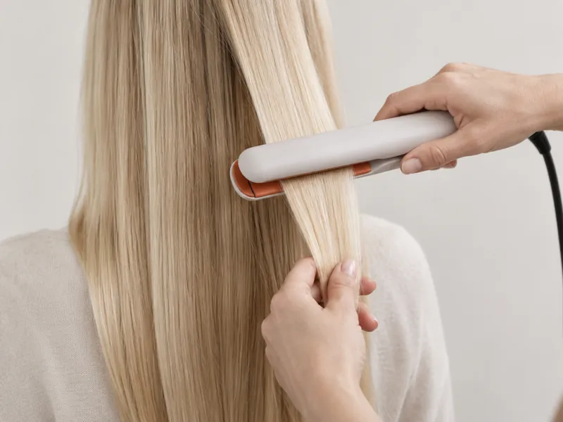 Lissage d'une mèche de cheveux longs au fer plat