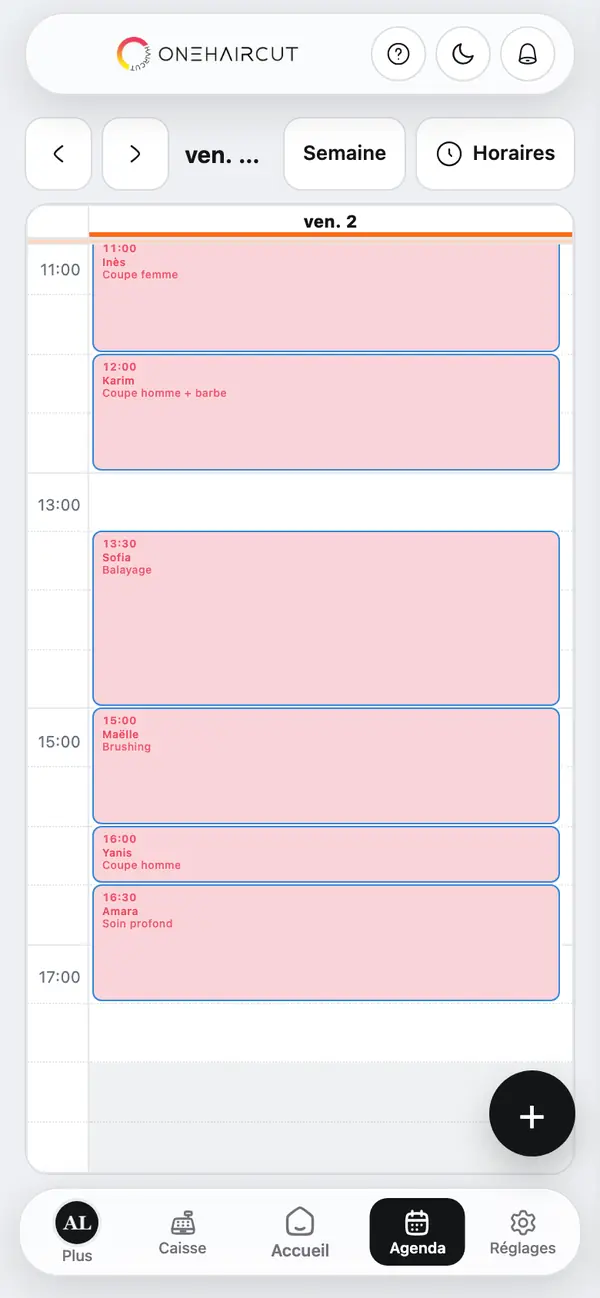 Agenda du jour dans l'app Onehaircut : les rendez-vous du salon heure par heure