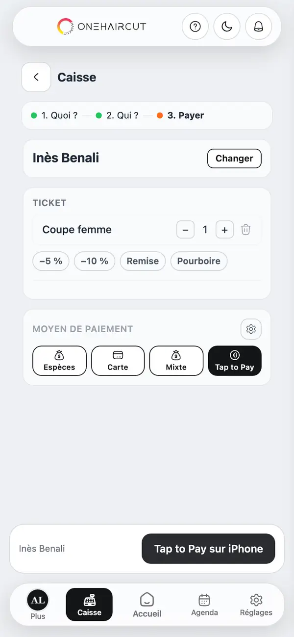 Caisse Onehaircut : encaissement par carte avec Tap to Pay sur iPhone