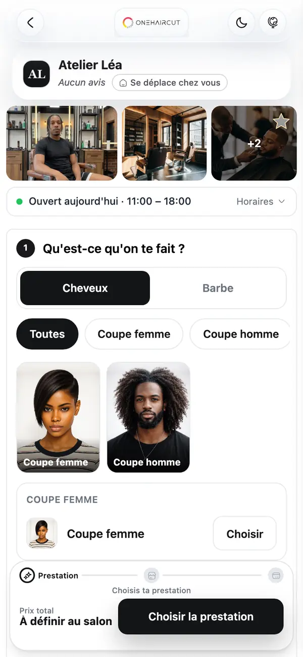 Page de réservation du salon : photos, horaires et prestations à choisir