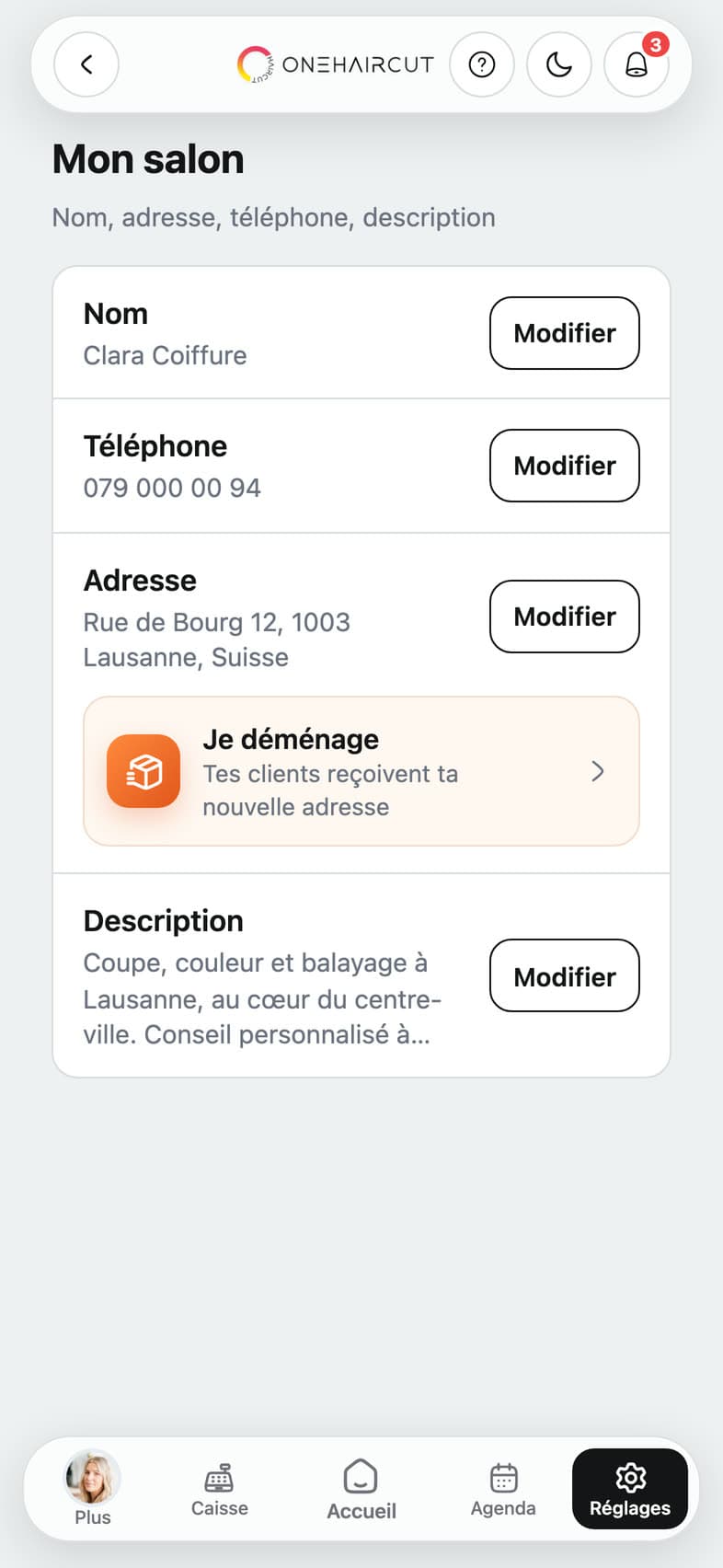 Mon salon : nom, téléphone, adresse Rue de Bourg 12 à Lausanne, et dessous « Je déménage »