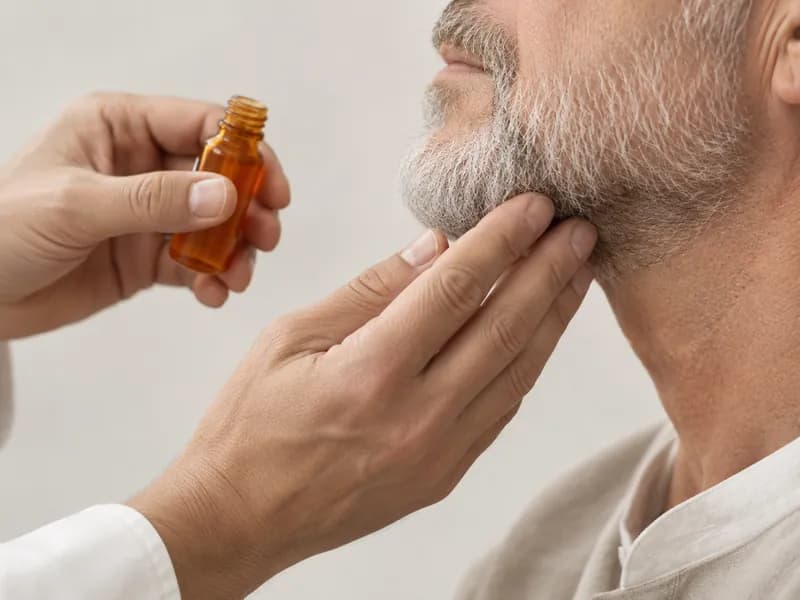 Huile appliquée sur une barbe courte grisonnante