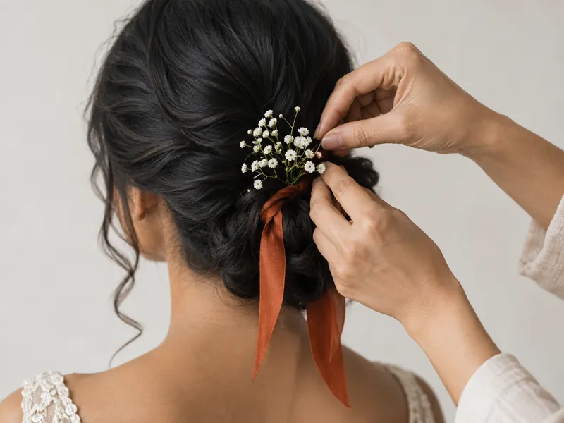 Coiffeuse qui pique des fleurs blanches dans un chignon de mariée